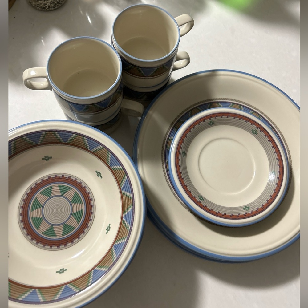 STUDIO NOVA LIMA Vintage Woven Print Hypnotic Plates, Coffee Cups -18 Pieces